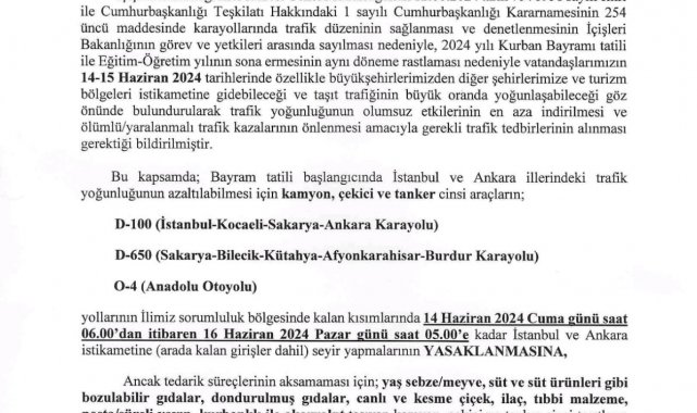 Kamyon, çekici ve tanker cinsi araçlara 1 günlük yasak