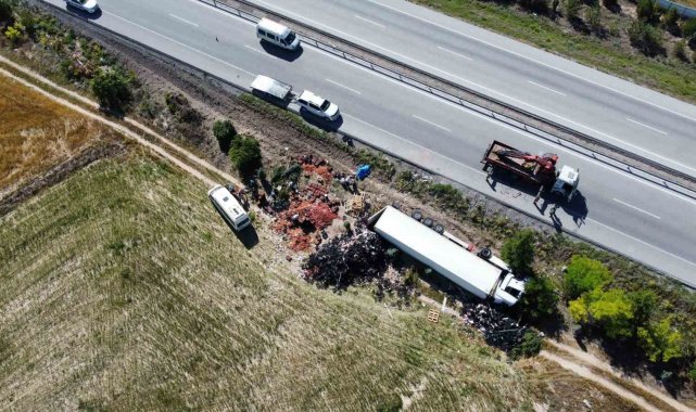 Meyve yüklü tırın devrildiği trafik kazasında 2 kişi yaralandı