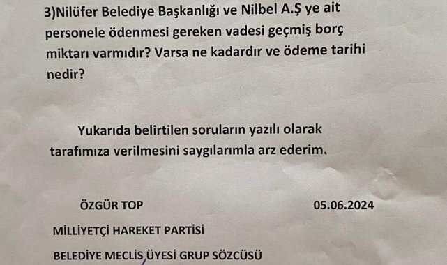 MHP'den Nilüfer Belediyesi'ne 3 soruluk önerge