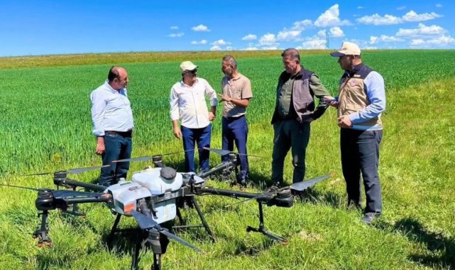 Tarım droneleri ile ilaçlama yapıldı