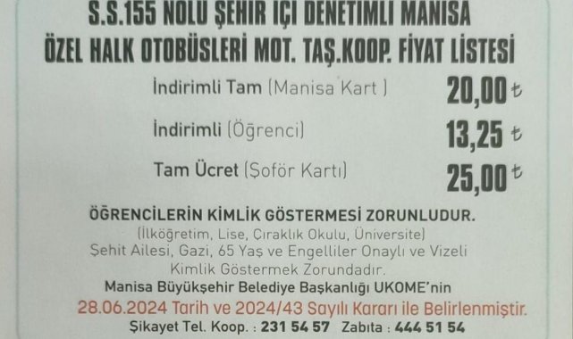 Manisa'da toplu taşıma zamlandı