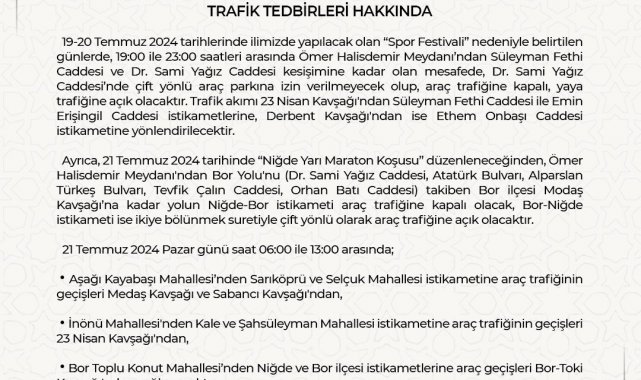 Niğde Valiliği Spor Festivali ve Niğde Yarı Maratonu için güzergahları açıkladı