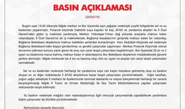 Niğde Valiliğinden "sel" açıklaması