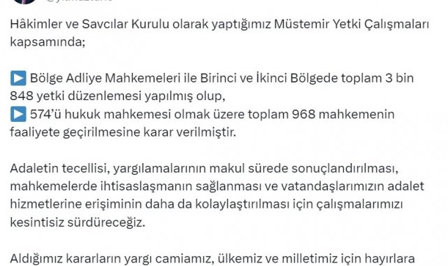 Adalet Bakanı Tunç: "Toplam 968 yeni mahkeme kuruluyor"