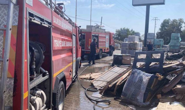 Ayvalık'ta otların tutuşmasıyla başlayan yangın seramik deposuna sıçradı