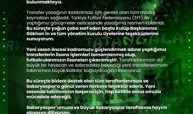 Sakaryaspor'un transfer yasağı resmen kalktı