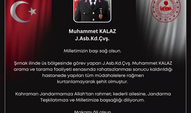 Şırnak'ta üs bölgesinde rahatsızlanan jandarma şehit oldu