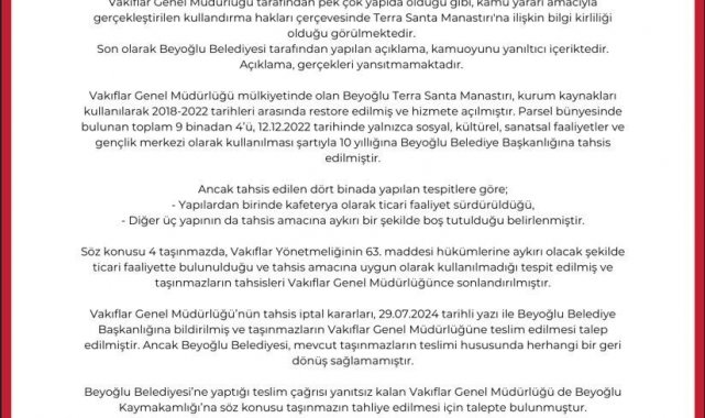 Vakıflardan 'Terra Santa Manastırı'na ilişkin açıklama