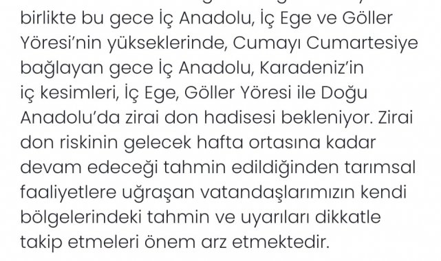 Denizli'ye zirai don uyarısı