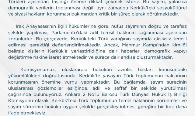 Ankara 2 No'lu Barosu'ndan Kerkük'te yapılacak nüfus sayımına ilişkin açıklama