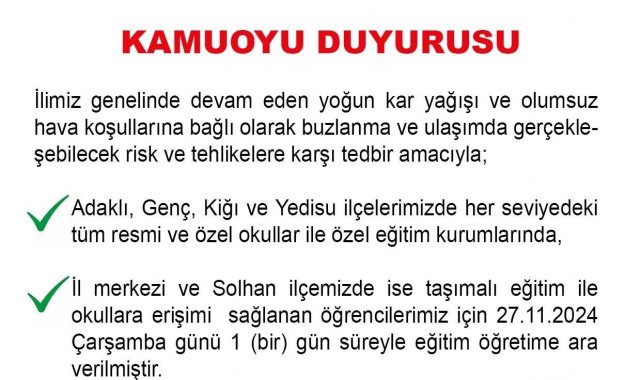 Bingöl'ün 4 ilçesinde okullar yarın tatil edildi