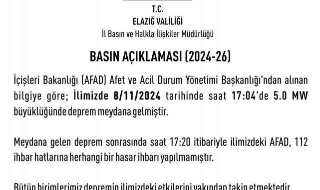 Elazığ Valiliği: "Deprem sonrası herhangi bir hasar ihbarı yapılmamıştır"