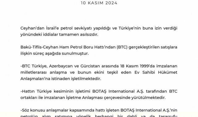 Enerji ve Tabii Kaynaklar Bakanlığı'ndan İsrail'e petrol sevkiyatı yapıldığı iddialarına yalanlama