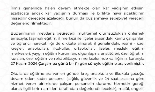 Kayseri'de kar nedeni ile eğitime 1 gün daha ara verildi
