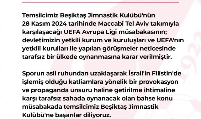 TFF'den Beşiktaş - Maccabi Tel Aviv maçı hakkında açıklama