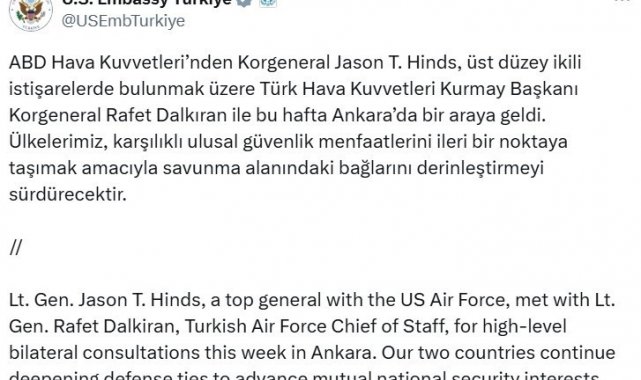 Türk Hava Kuvvetleri Kurmay Başkanı Korgeneral Dalkıran ile ABD'li Korgeneral Hinds bir araya geldi