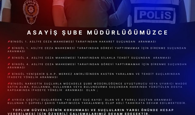 Bingöl'de 43 adet suç kaydı bulunan şüpheli yakalandı