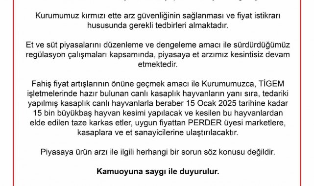Et ve Süt Kurumu: "15 Ocak 2025 tarihine kadar 15 bin büyükbaş hayvan kesimi yapılacak"