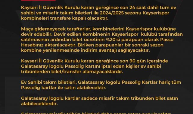 Kayserispor - Galatasaray maçı bilet fiyatları belli oldu