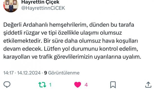 Vali Çiçek'ten sürücülere kar ve tipi uyarısı
