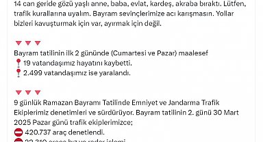 Bakan Yerlikaya: Bayram tatilinin ilk 2 gününde 19 vatandaşımız hayatını kaybetti