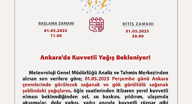 Ankara Valiliği'nden 1 Mayıs için 'sağanak' uyarısı