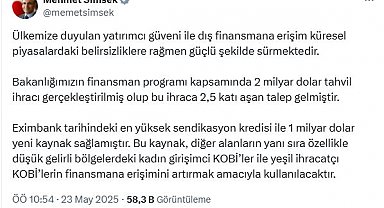 Bakan Şimşek: Eximbank tarihindeki en yüksek sendikasyon kredisini sağlandı