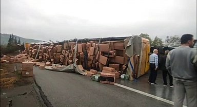 TEM Otoyolu'nda TIR'ın devrildiği kaza kamerada