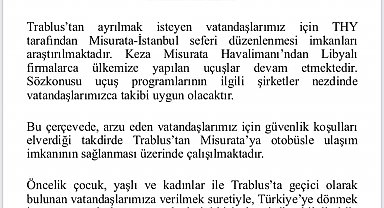 Türkiye'nin Trablus Büyükelçiliği'nden Türk vatandaşları için duyuru