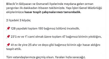 Bakan Kurum: Bilecik'teki yangında 23'ü ev, 47 birim yıkıldı