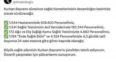 Bakan Memişoğlu: Kurban Bayramı süresince sağlık hizmetlerimizin devamlılığını kesintisiz olarak sürdüreceğiz