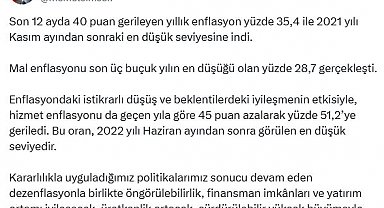 Bakan Şimşek: Yıllık enflasyon, 2021 yılı Kasım ayından sonraki en düşük seviyesine indi