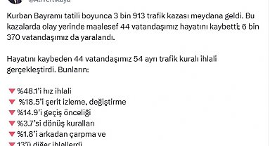 Bakan Yerlikaya: Bayram tatilinde 44 vatandaşımız hayatını kaybetti