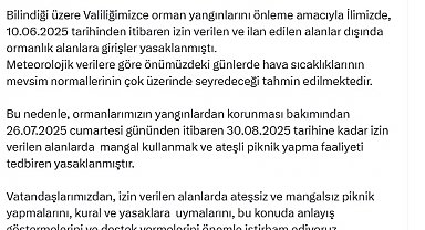 Ankara Valiliği: 30 Ağustos'a kadar ateşli piknik faaliyetleri yasaklanmıştır