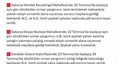 Bakan Yerlikaya: 22-27 Temmuz tarihleri arasında çıkan yangınlarla ilgili 3 şüpheli tutuklandı