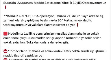 Bursa merkezli 21 ilde uyuşturucu operasyonu; 304 gözaltı