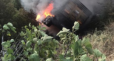 Manisa'da kamyon şarampole devrildi, çıkan yangın ormana sıçramadan söndürüldü: 1 yaralı