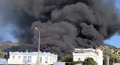 Bodrum'da tente- branda üretimi yapılan işletmede yangın; duman gökyüzünü kapladı
