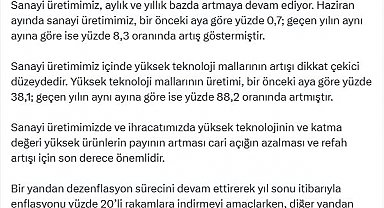 Cevdet Yılmaz: Sanayi üretimimiz içinde yüksek teknoloji mallarının artışı dikkat çekici düzeydedir