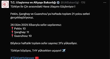 Türkiye ile Çin arasındaki sefer sayıları artıyor