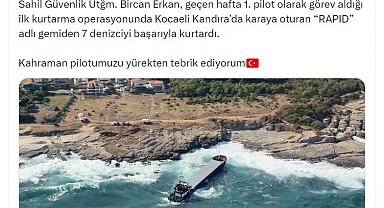 Bakan Yerlikaya'dan karaya oturan gemideki mürettebatı kurtaran helikopter pilotu üsteğmene tebrik