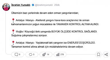 Bakan Yumaklı: 2 yangın kontrol altında, 1'inin de enerjisi düşürüldü
