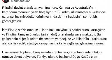 İletişim Başkanı Duran: Filistin'i devlet olarak tanıyan İngiltere, Kanada ve Avustralya'nın kararlarını memnuniyetle karşılıyoruz