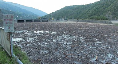 Sel gitti çöpü kaldı; rengi değişen baraj gölü odunlarla doldu
