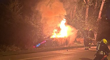 Yoldan çıkan otomobil alev aldı