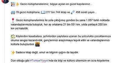 Bakan Ersoy: Gezici Kütüphanelerimiz ile 1057 noktada vatandaşlarımızla buluştuk