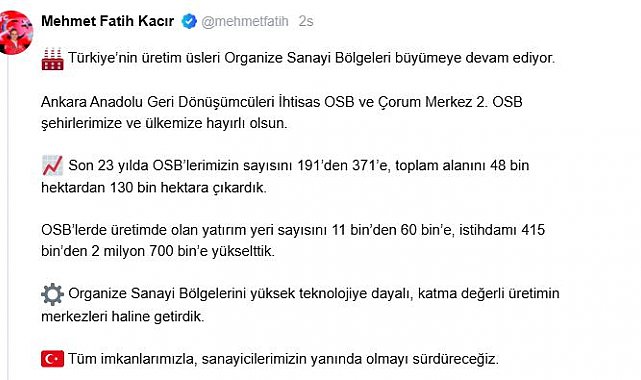 Bakan Kacır: 23 yılda OSB'lerin sayısını 371'e çıkardık