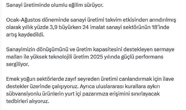Bakan Şimşek: Sanayi üretiminde olumlu eğilim sürüyor