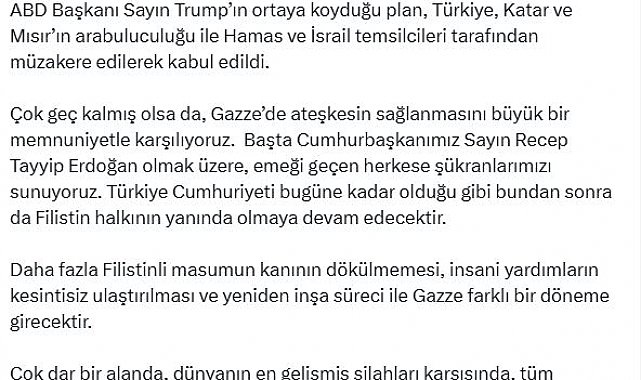 Cevdet Yılmaz: Gazze'de ateşkesin sağlanmasını memnuniyetle karşılıyoruz