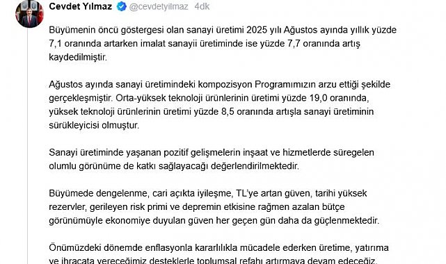 Cevdet Yılmaz: Sanayi üretimi, programımızın arzu ettiği şekilde gerçekleşti